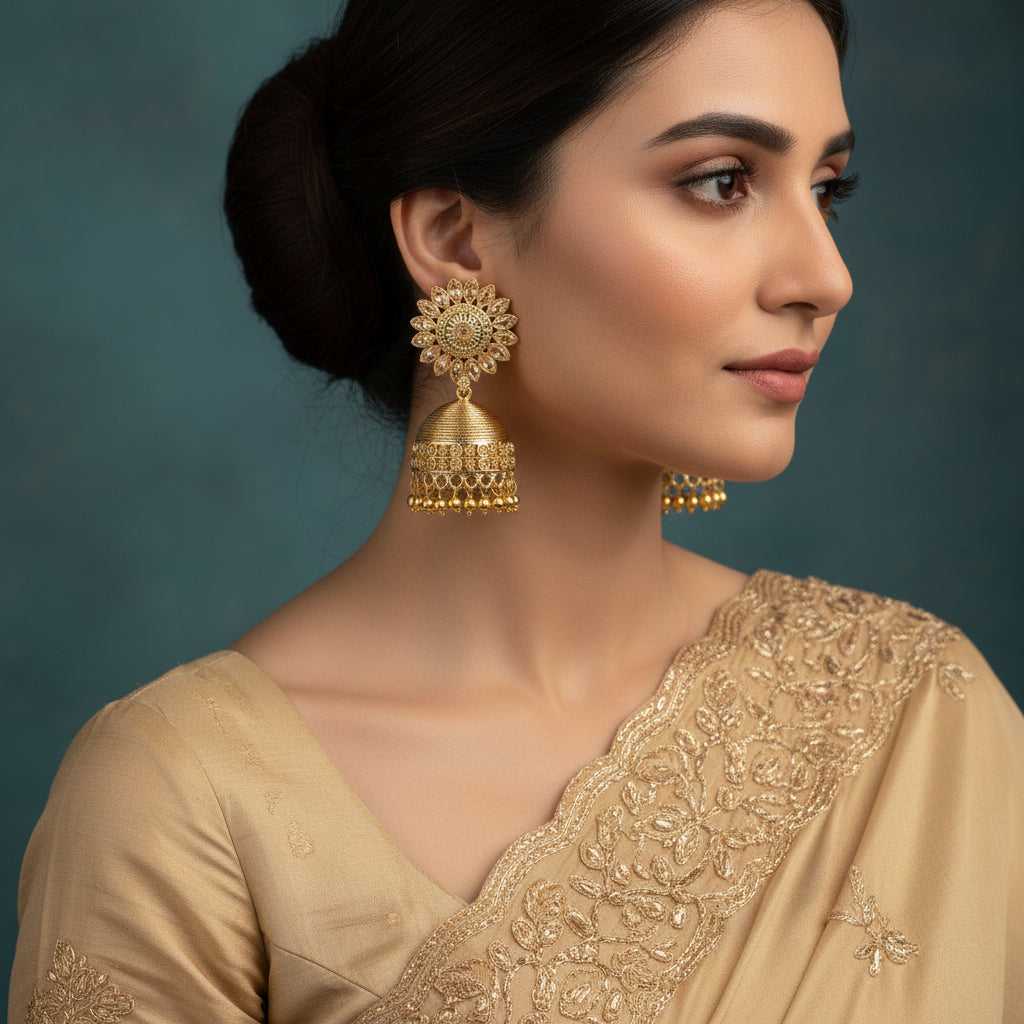 Gold jhumka earrings with intricate designs on a dark background, featuring the brand 'Saheli'.