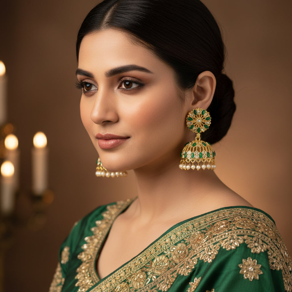 Ornate gold earrings with green and pearl details on a black background, featuring the brand 'Saheli'.