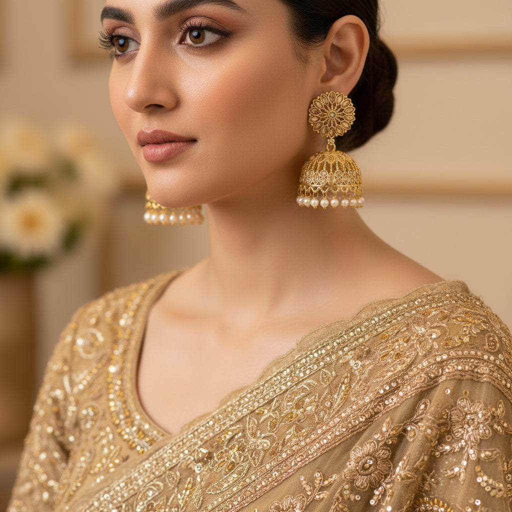 Gold and pearl earrings with 'Saheli' branding on a dark background