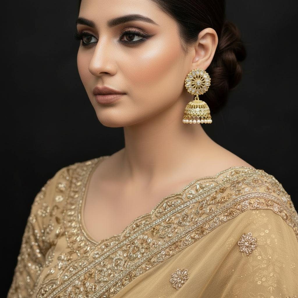 Gold and pearl earrings with 'SAHELL' branding on a black background