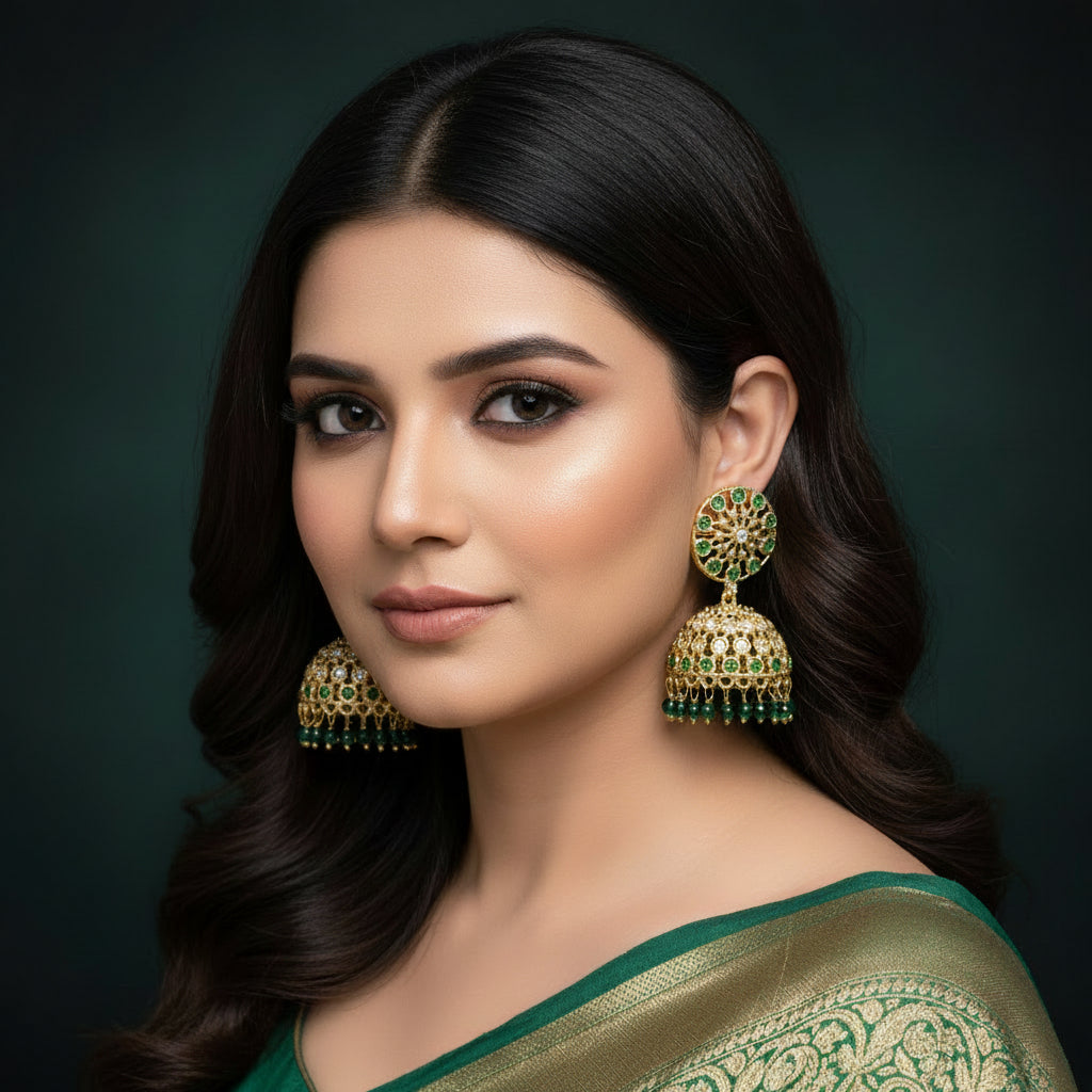 Gold and green gemstone earrings with 'SAHELI' branding on a dark background