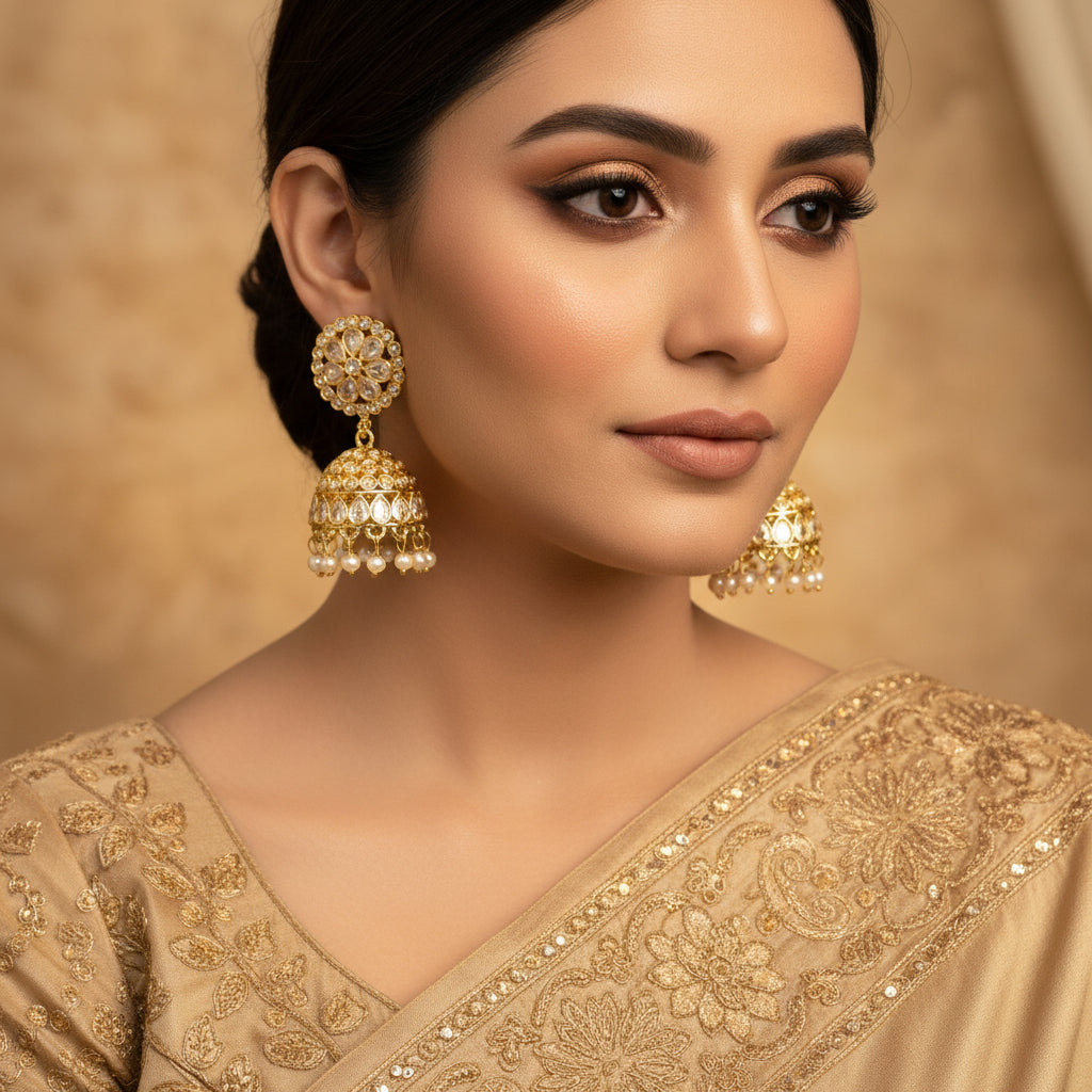 Gold and pearl earrings with 'Saheli' branding on a dark background