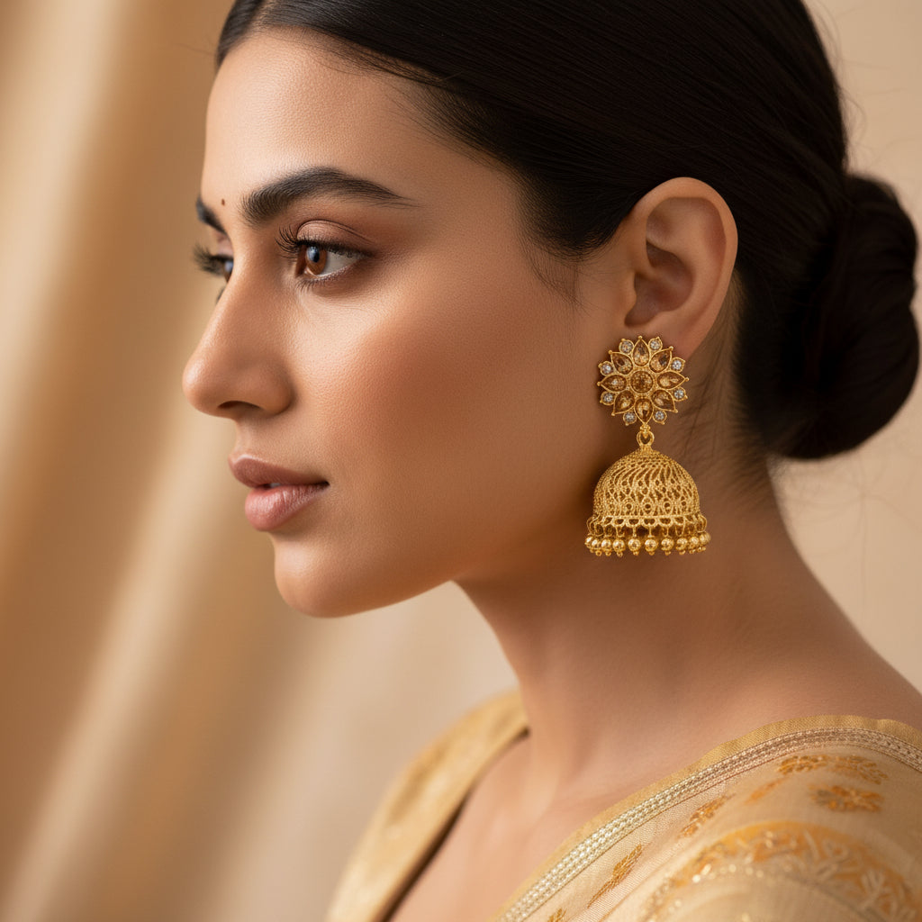 Gold earrings with intricate designs on a black background, featuring the brand 'Saheli'.