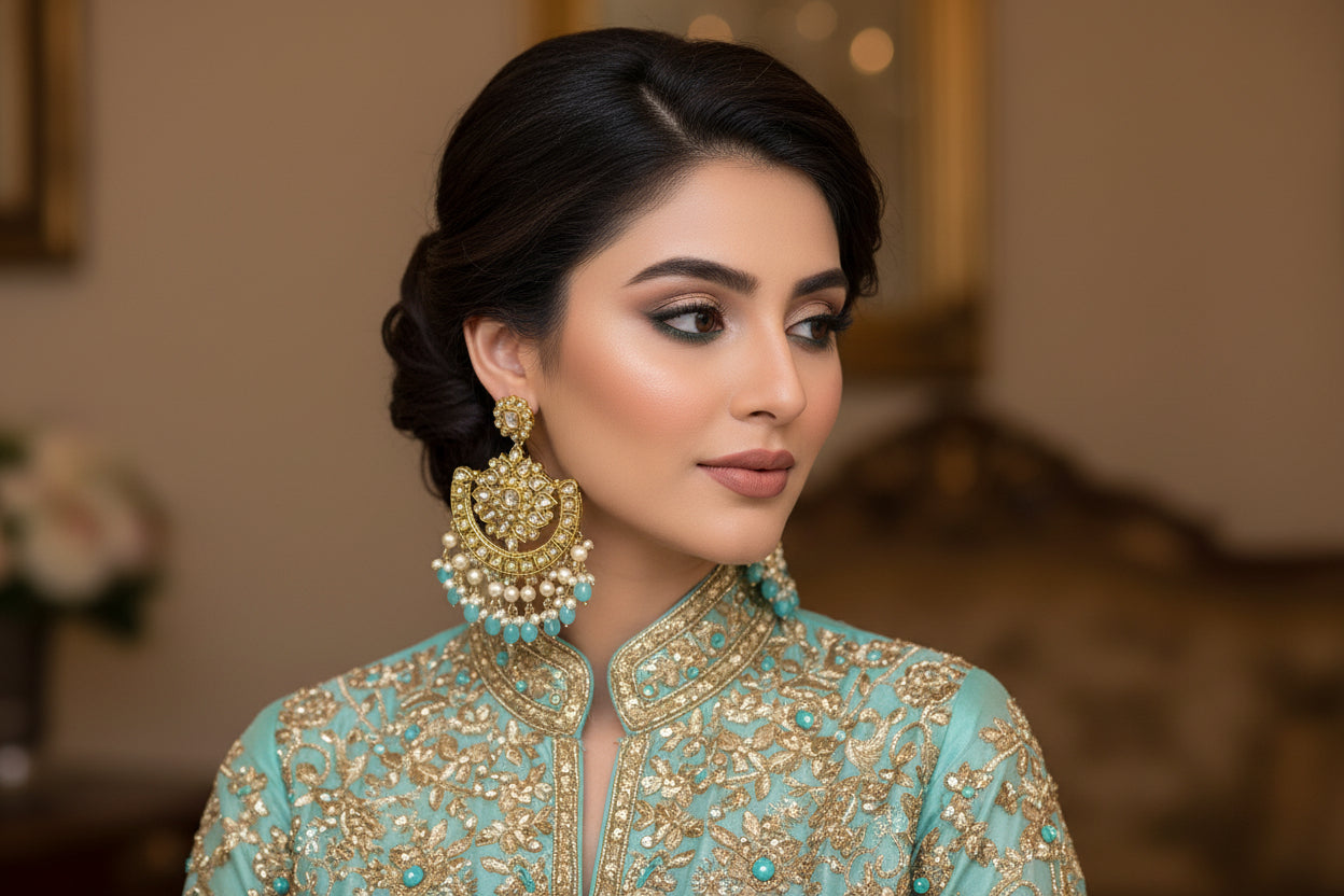 Ornate gold and pearl earrings with turquoise stones on a dark background