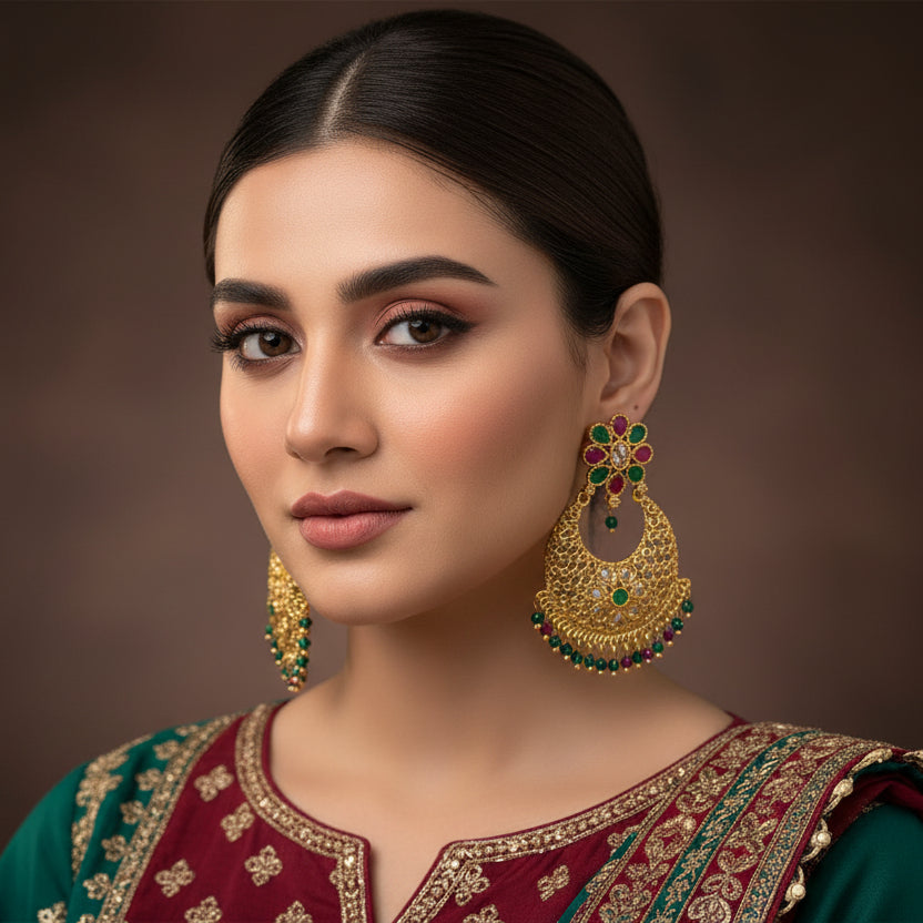 Gold earrings with colorful gemstones on a black background, featuring the brand 'Saheli'.