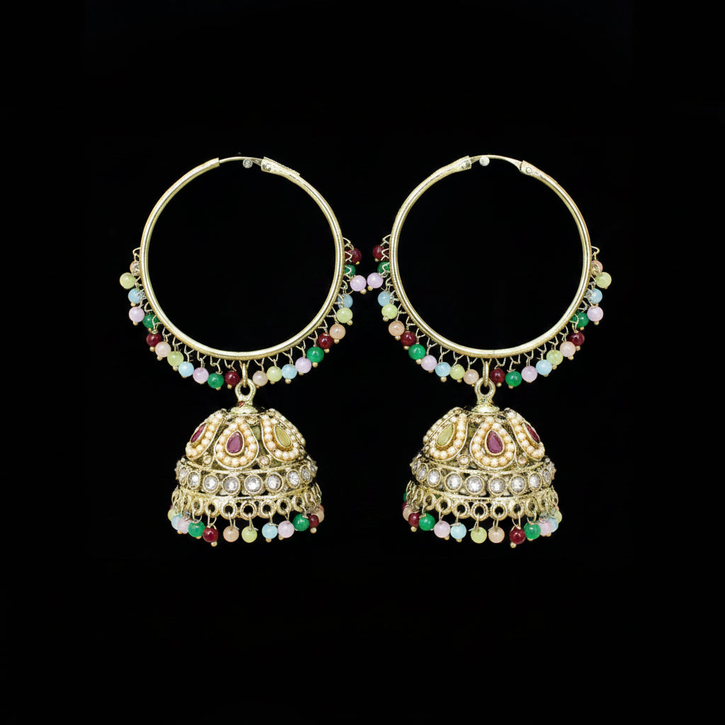 Decorative earrings with colorful beads on a dark background