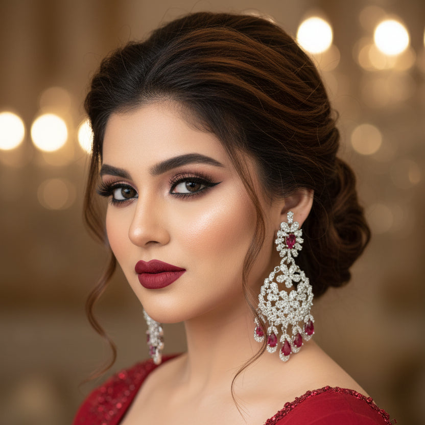 Pair of silver earrings with red gemstones on a dark background, featuring the brand 'Saheli'.