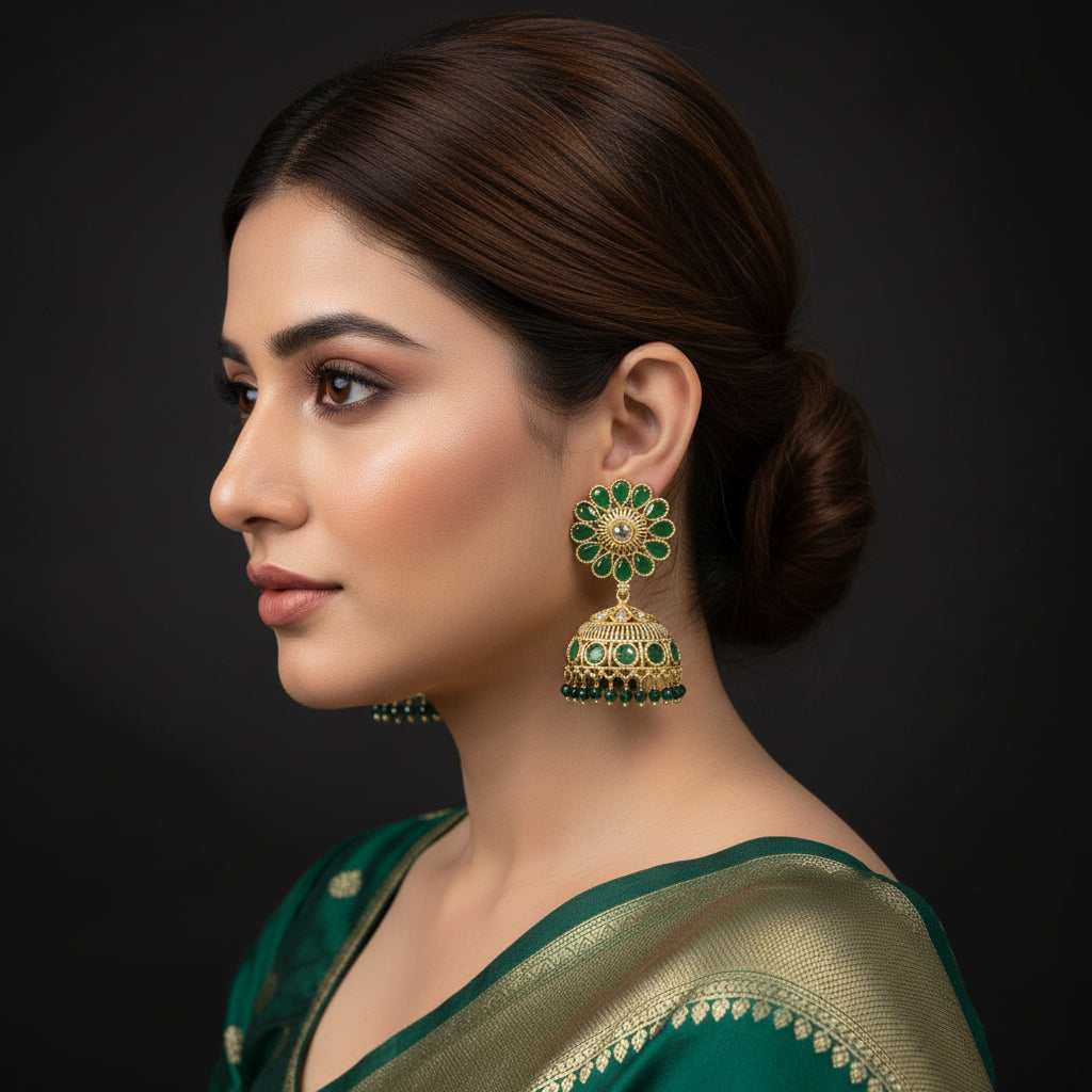 Gold and green floral earrings with 'SAHELI' branding on a dark background