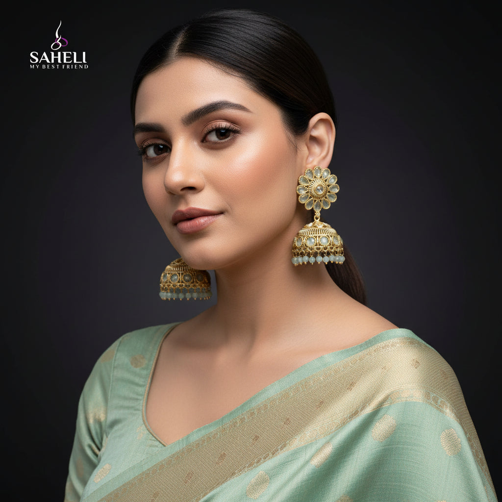 Gold and green floral earrings with 'Saheli' branding on a dark background