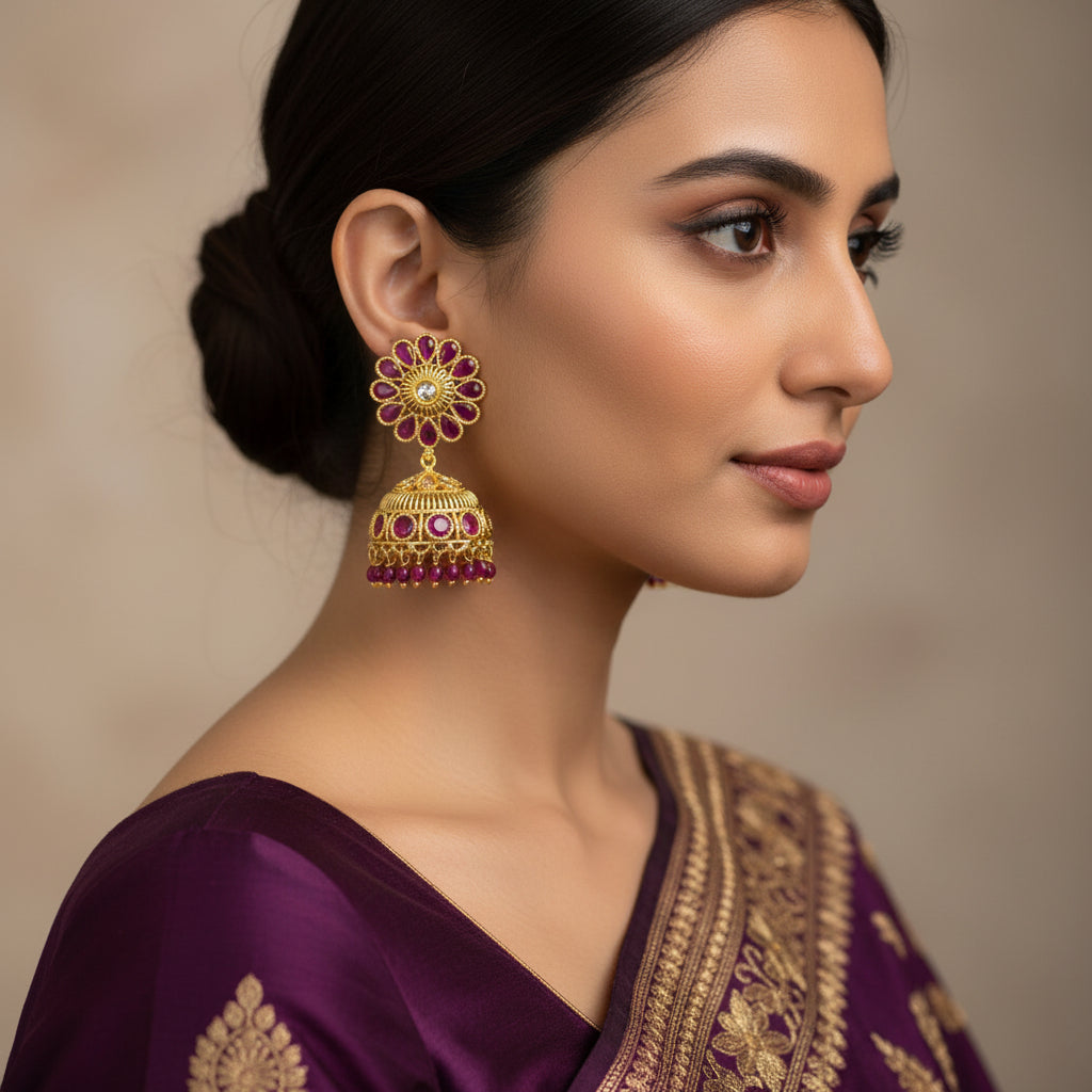 Gold and purple floral earrings with 'SAHELI' branding on a dark background