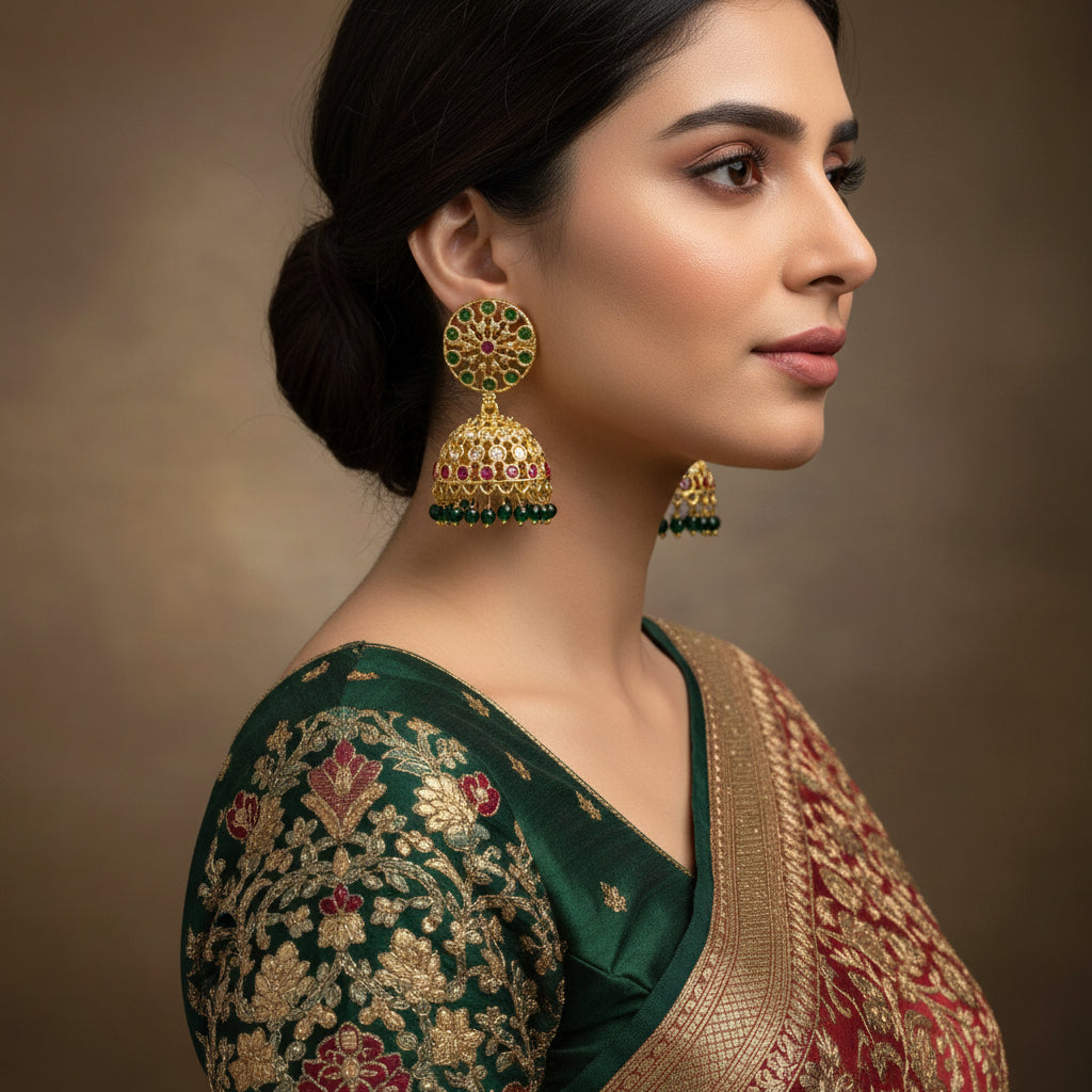 Gold earrings with gemstones on a black background, featuring the brand 'Saheli'.