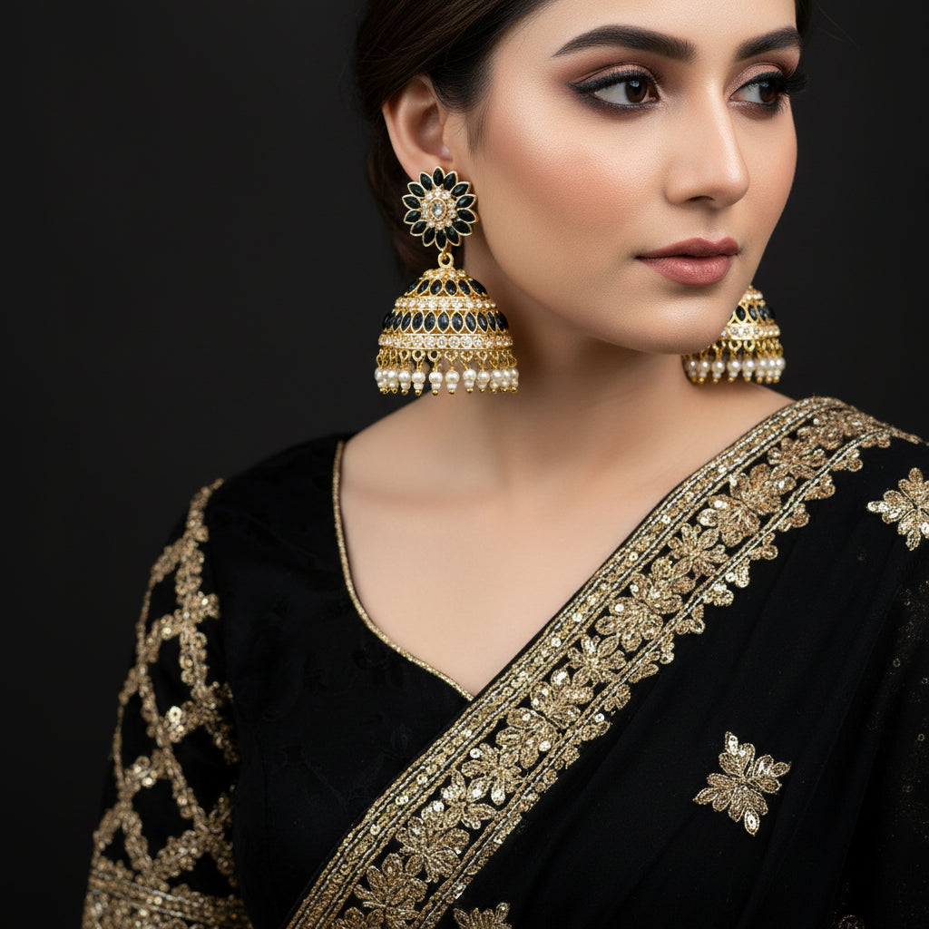 Gold and black earrings with pearl accents on a dark background, featuring the brand 'Saheli'.