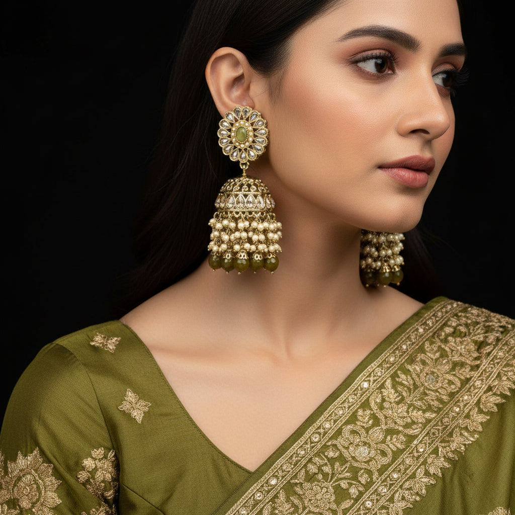 Gold and green jhumka earrings with 'Saheli' branding on a black background