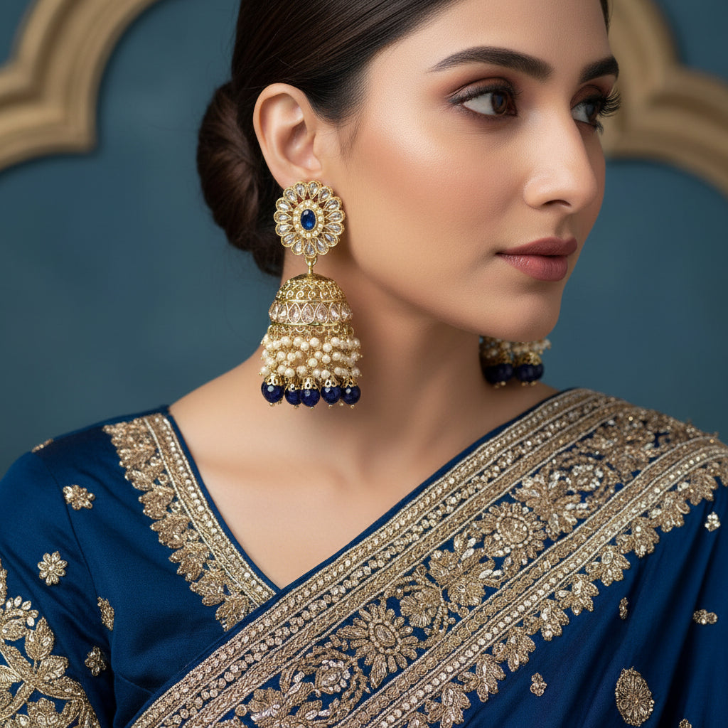 Gold and blue beaded earrings with 'Saheli' branding on a black background