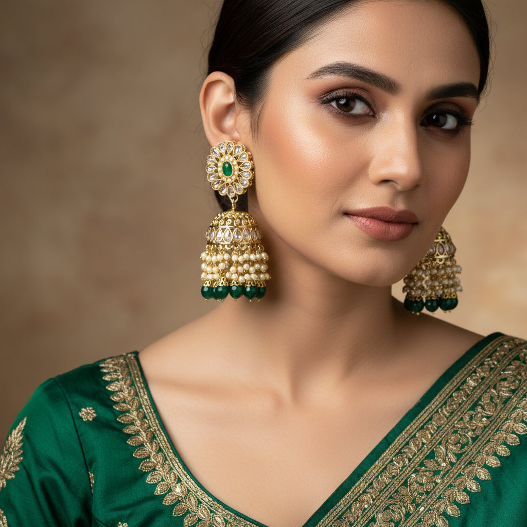 Gold and green earrings with 'Saheli' branding on a black background