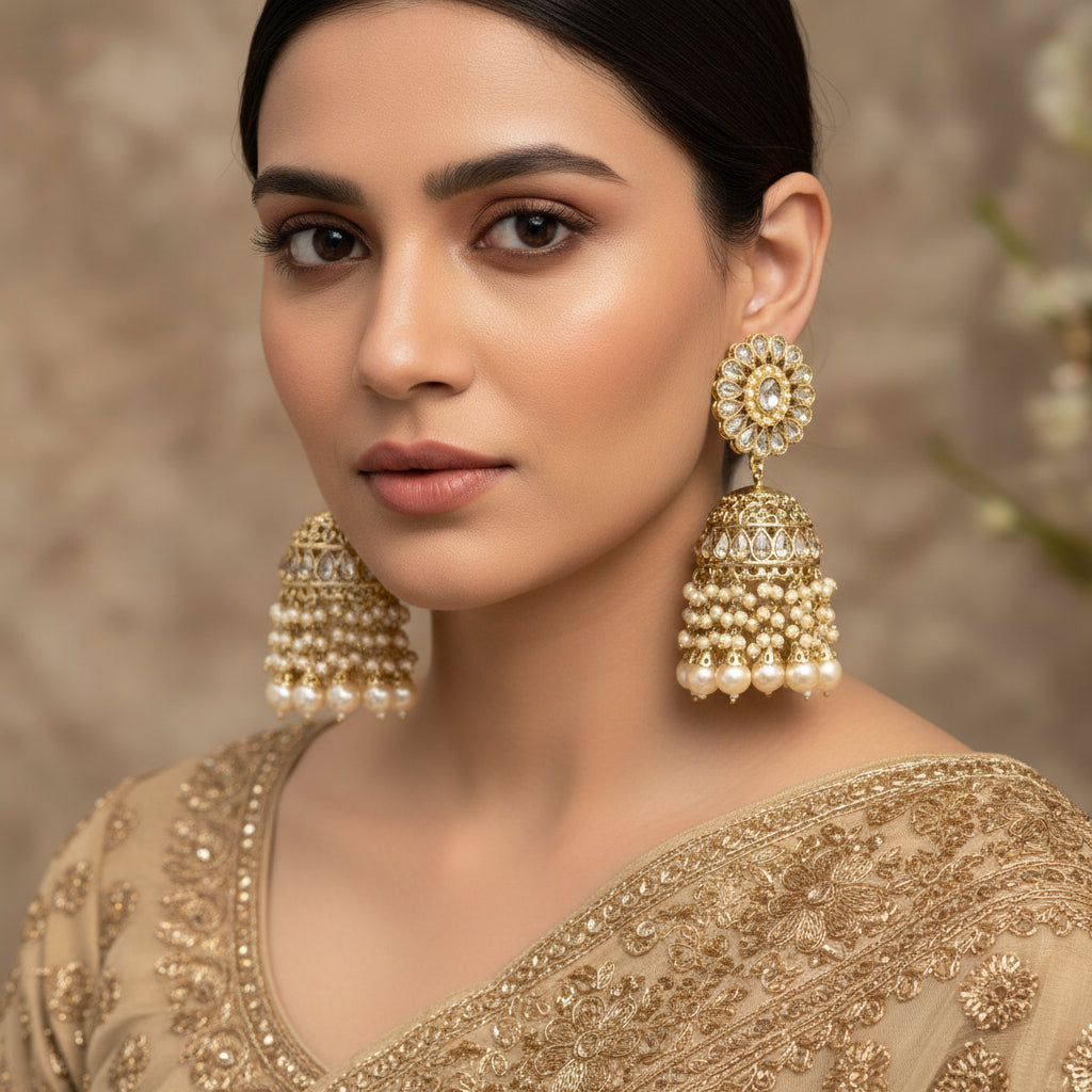 Gold and pearl earrings with 'Saheli' branding on a black background
