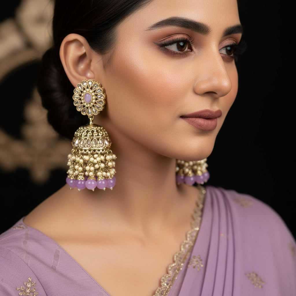 Gold and purple earrings with 'Saheli' branding on a black background