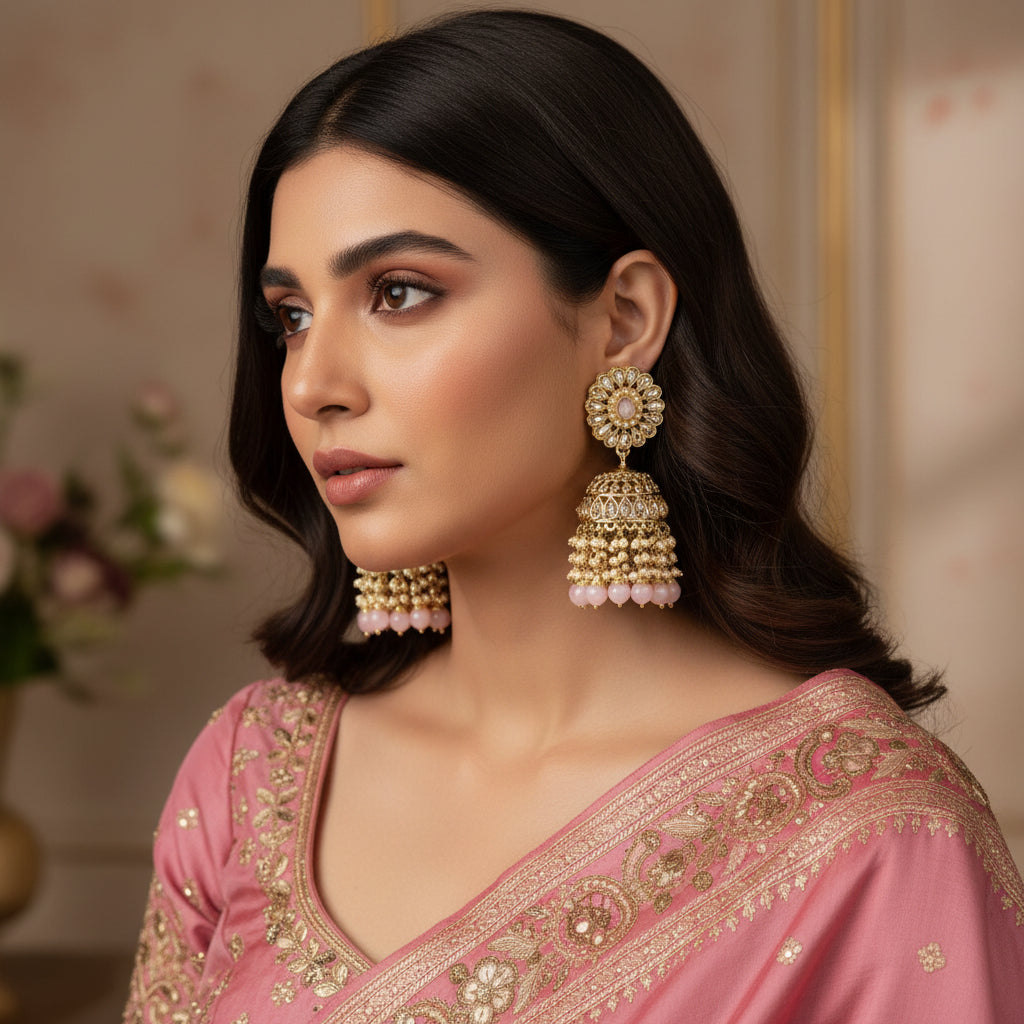 Gold and pink jhumka earrings with 'Saheli' branding on a black background