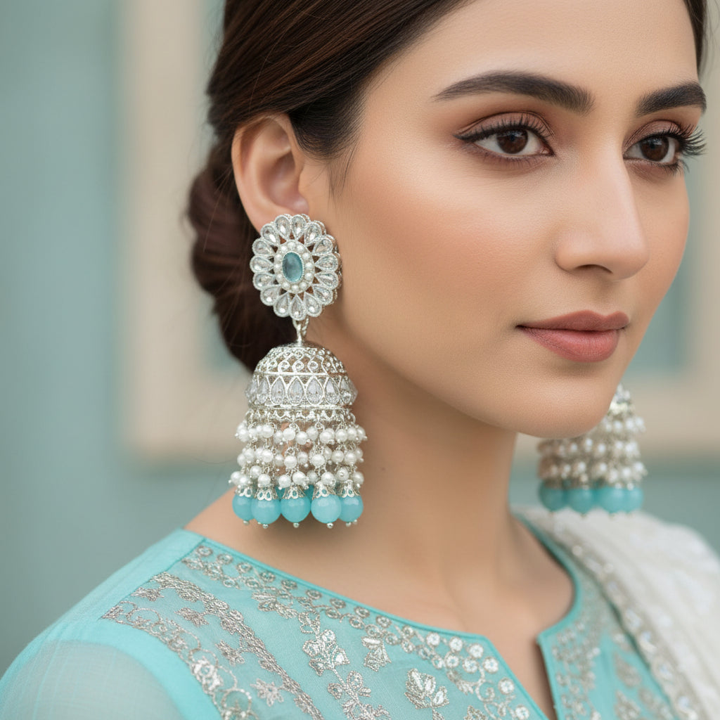Pair of silver and blue beaded earrings with 'Saheli' branding on a black background