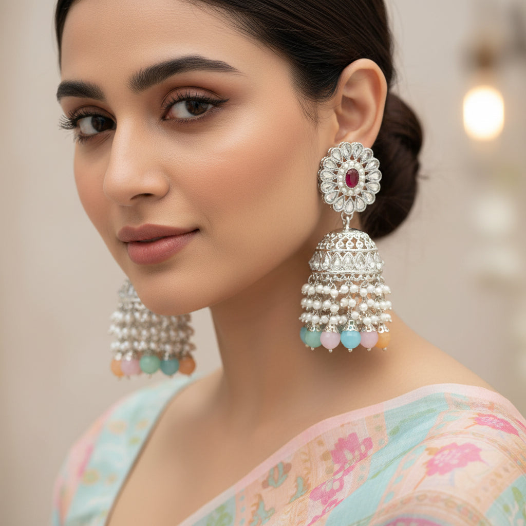 Pair of ornate earrings with colorful beads on a black background, branded 'Saheili'.