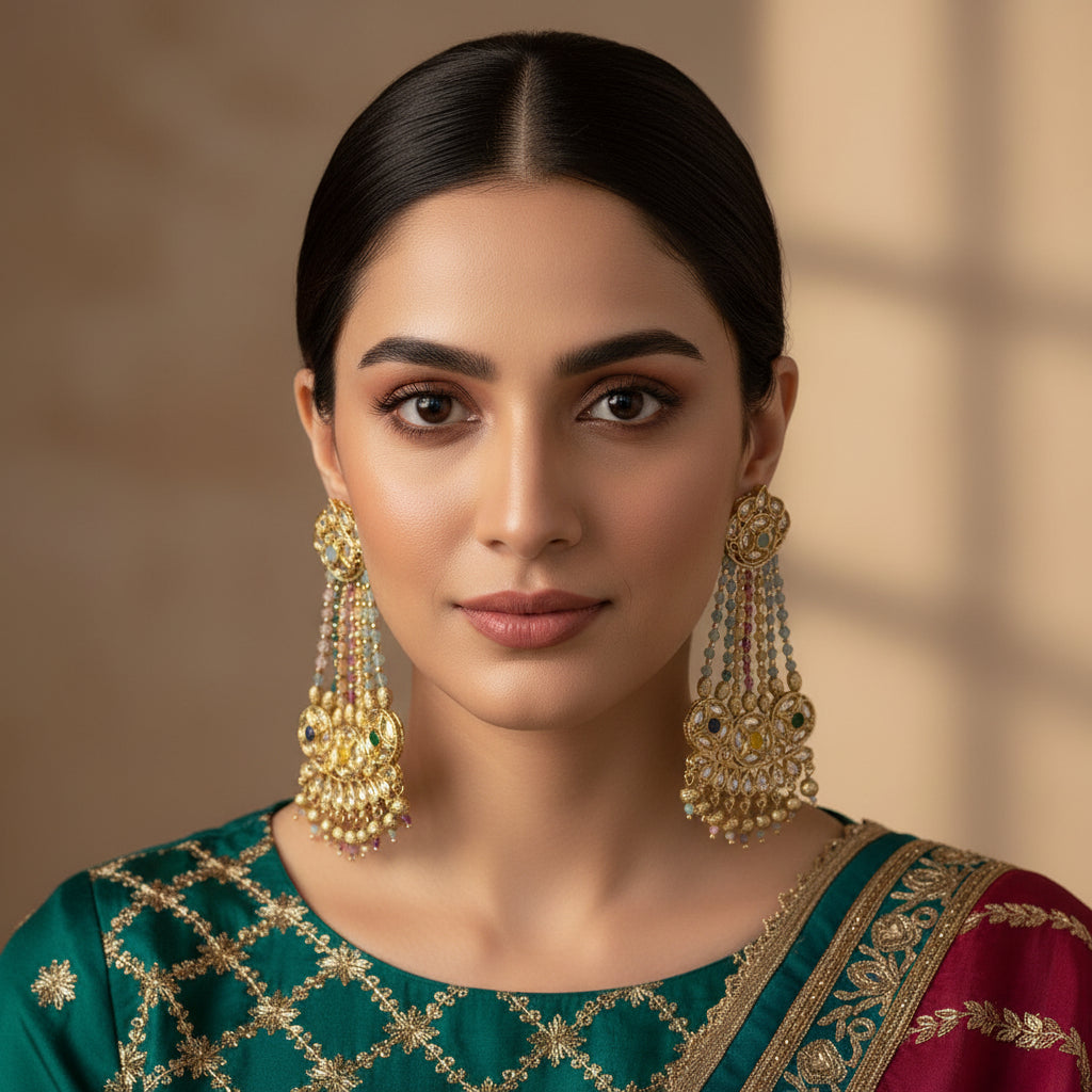 Ornate earrings with multicolored beads on a black background, featuring the brand 'Saheli'.