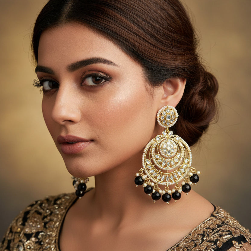 Pair of gold and black earrings on a dark background