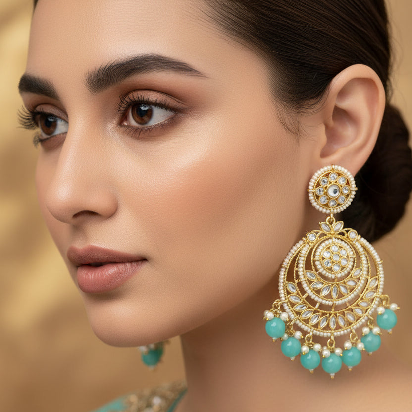Gold and turquoise earrings on a black background