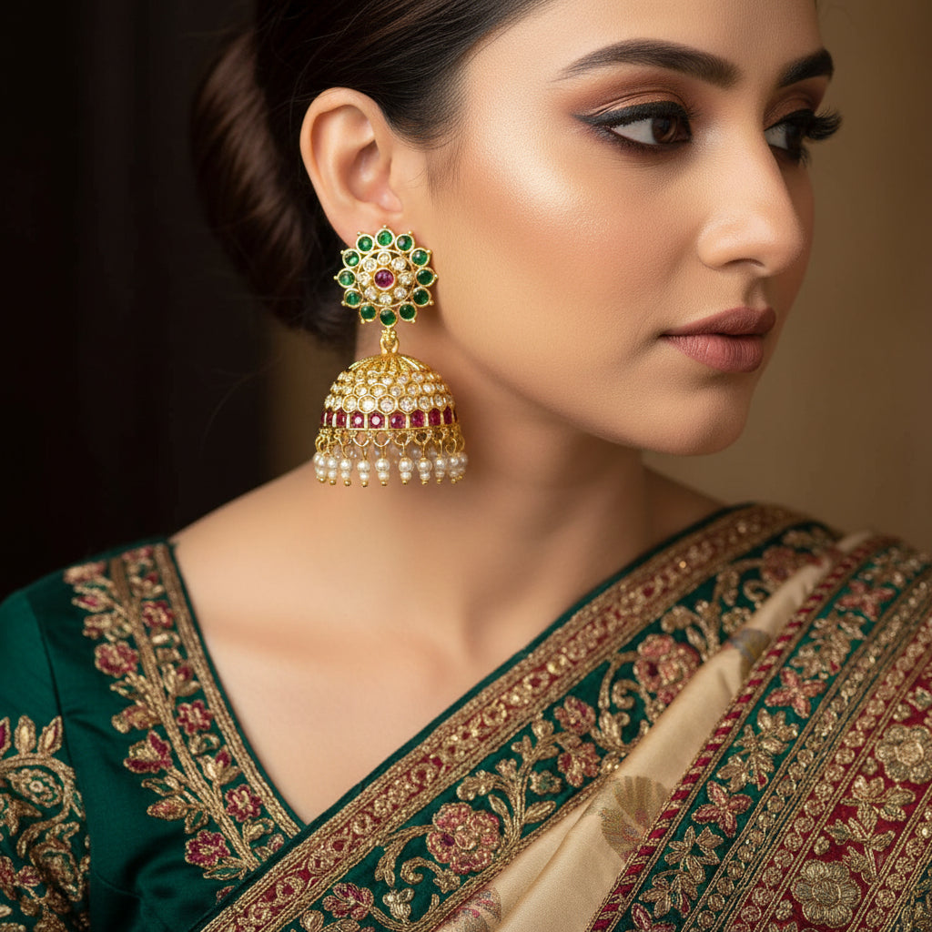 Gold jhumka earrings with green, red, and white stones on a black background, featuring the Saheli brand.