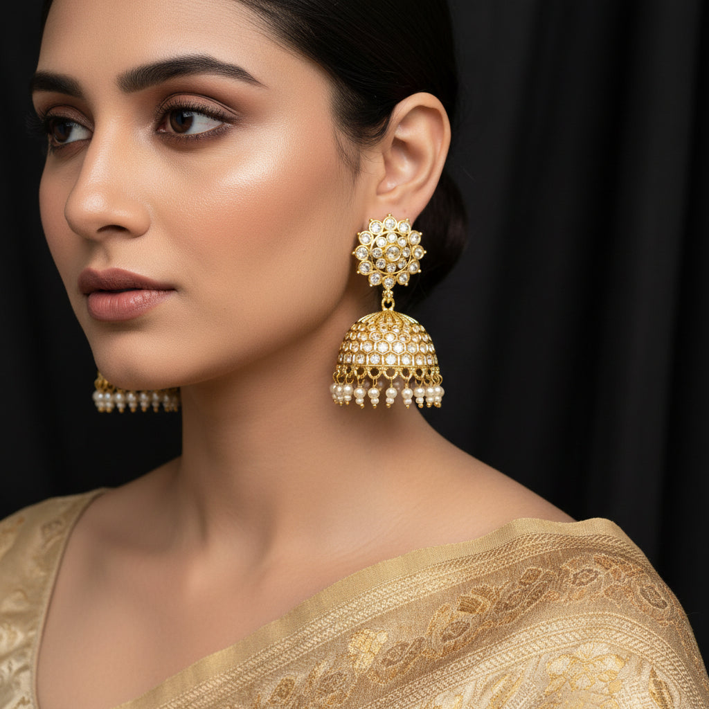Gold and pearl Jhumka earrings on a black background with 'SAHELI' branding.
