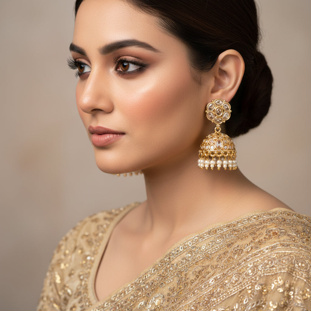 Gold earrings with intricate designs on a dark background, featuring the brand 'Saheli'.