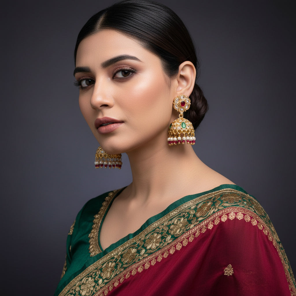 Gold earrings with red and green stones on a dark background, featuring the brand 'Saheli'.
