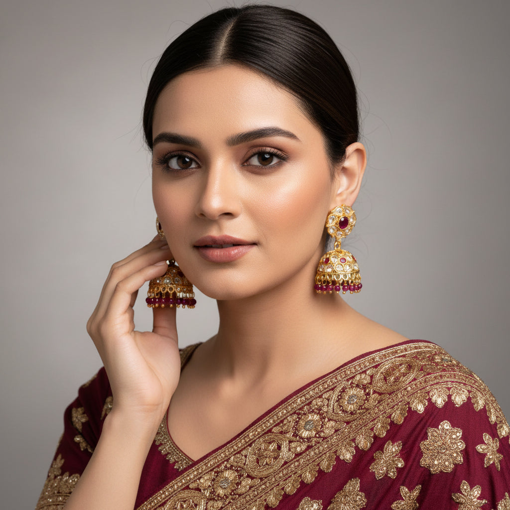 Gold and red gemstone earrings on a black background with 'SAHELI' branding.