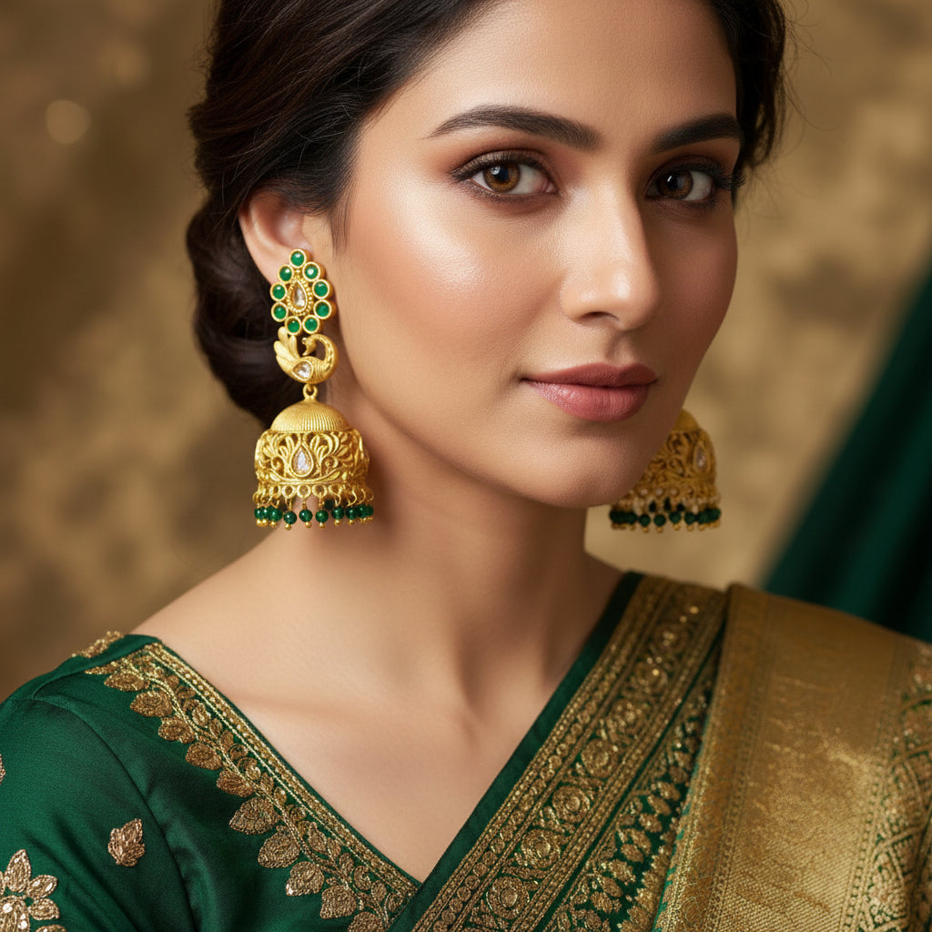 Gold earrings with green gemstones on gray stands against a light blue background