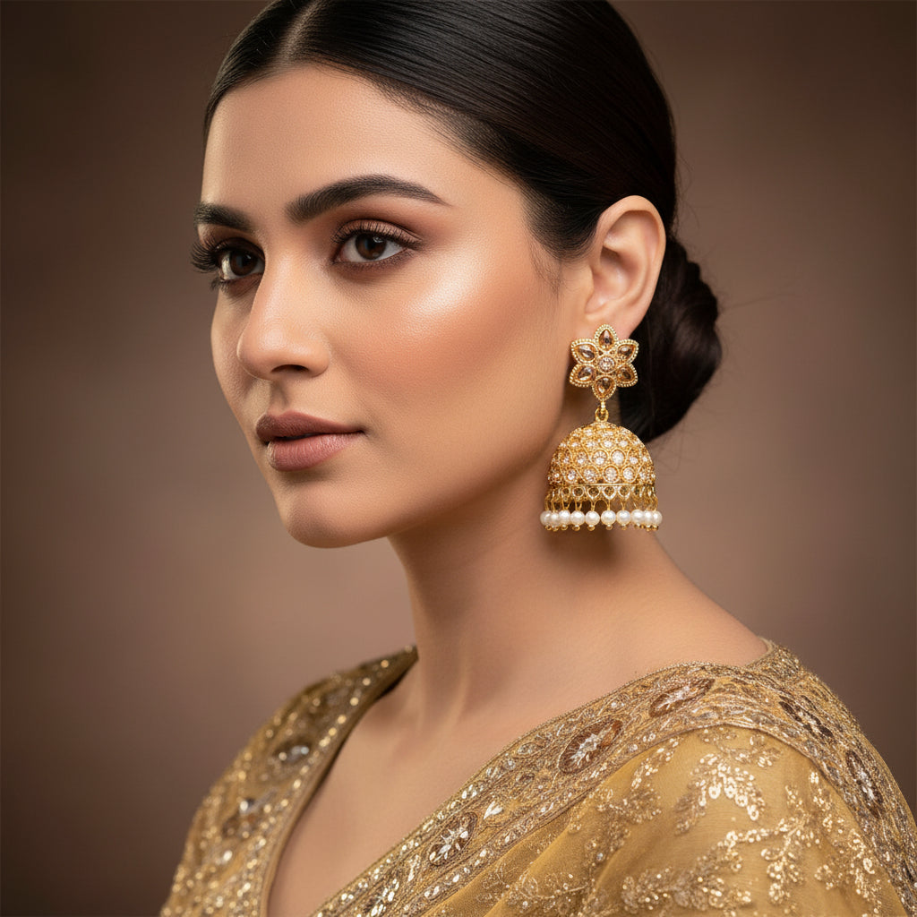 Gold and pearl earrings on a dark background with 'SAHELL' branding.