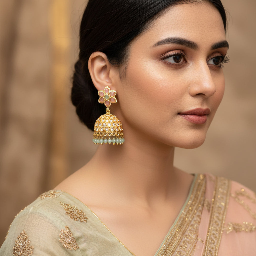 Gold and gemstone earrings on a black stand with 'Saheli' branding.