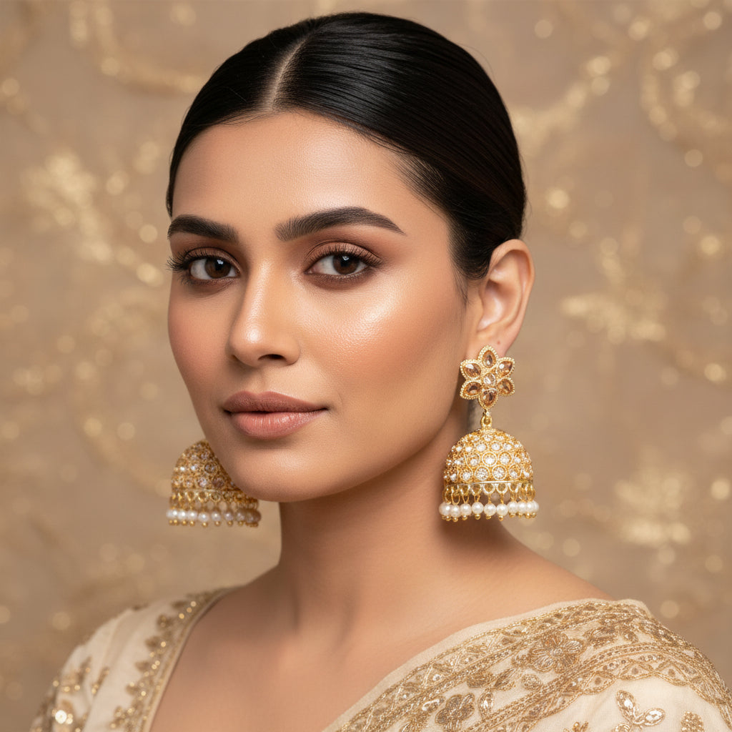 Gold and pearl earrings on a dark background with 'SAHELL' branding.