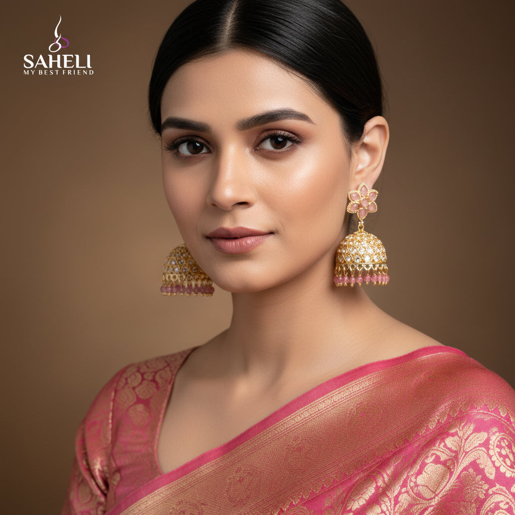 Ornate gold and pink earrings on a dark background with 'Saheli' branding.
