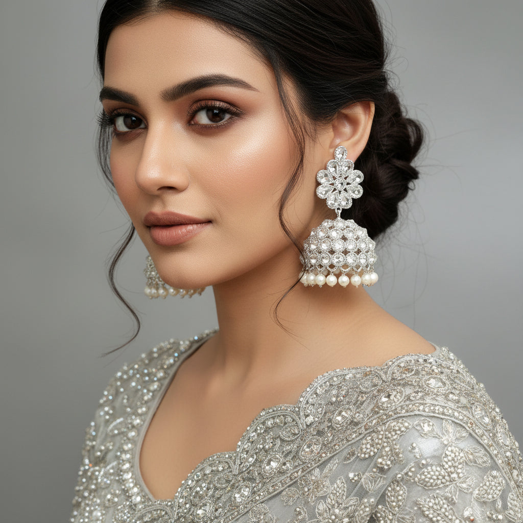Pair of silver and pearl earrings on a gray stand with a blurred background