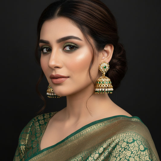 Gold and green earrings with pearl accents on a black background, featuring the brand 'Saheli'.
