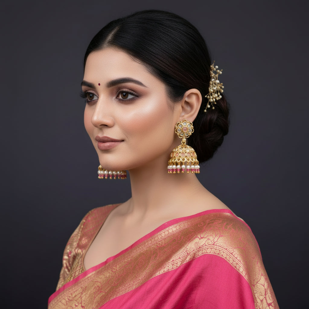 Gold and pearl earrings on a dark background with 'Saheli' branding.