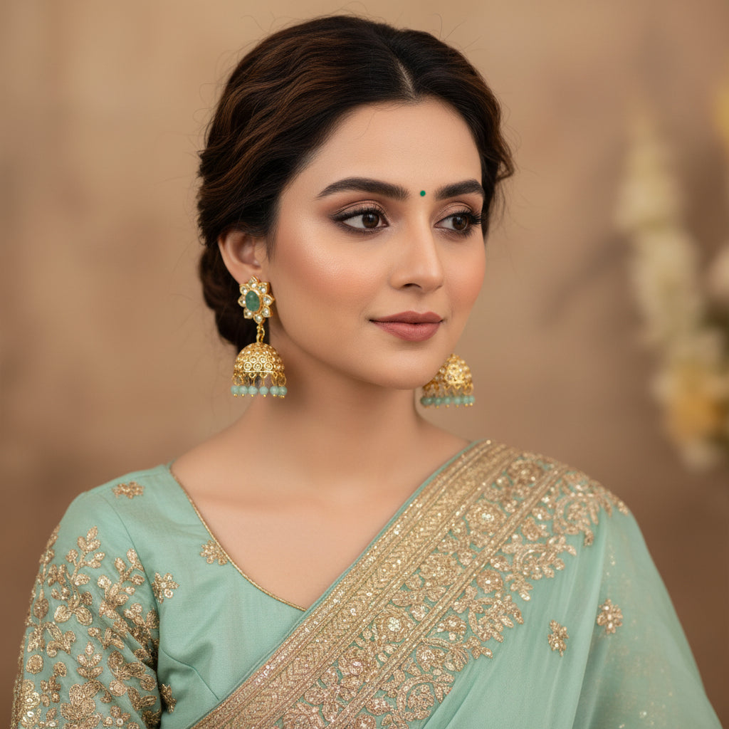 Gold and green jhumka earrings on a black stand with 'Saheli' branding.