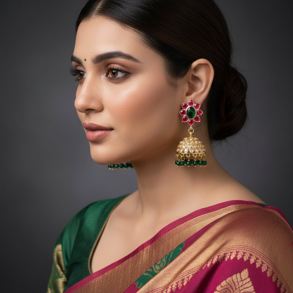 Jewelry earrings on a black stand with 'SAHELI' branding.