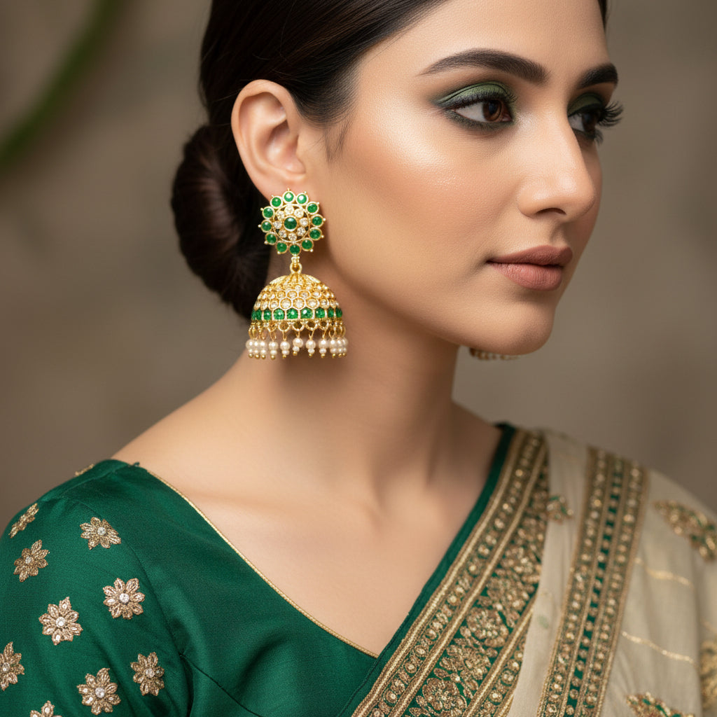 Gold and green earrings with pearl accents on a dark background, featuring the brand 'Saheli'.