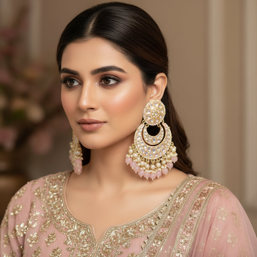 Ornate earrings with pearl and gemstone details on a dark background