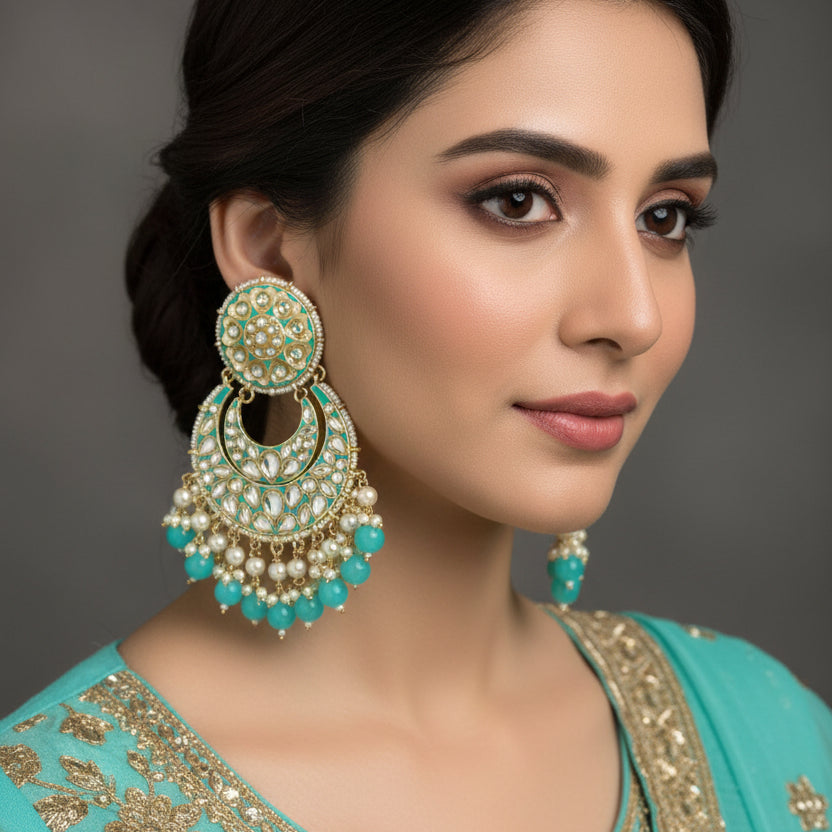 Pair of ornate earrings with turquoise and pearl-like beads on a black background