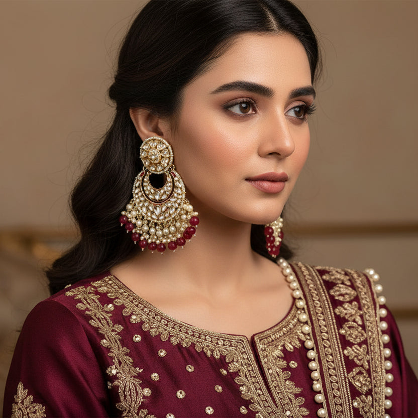 Pair of ornate earrings with pearls and red stones on a dark background