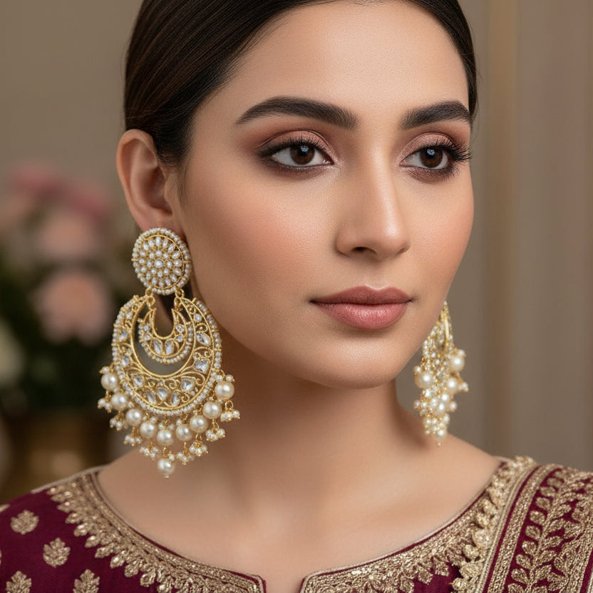 Pair of gold and pearl earrings on a black background
