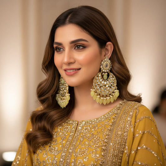Pair of gold and green earrings on a dark background