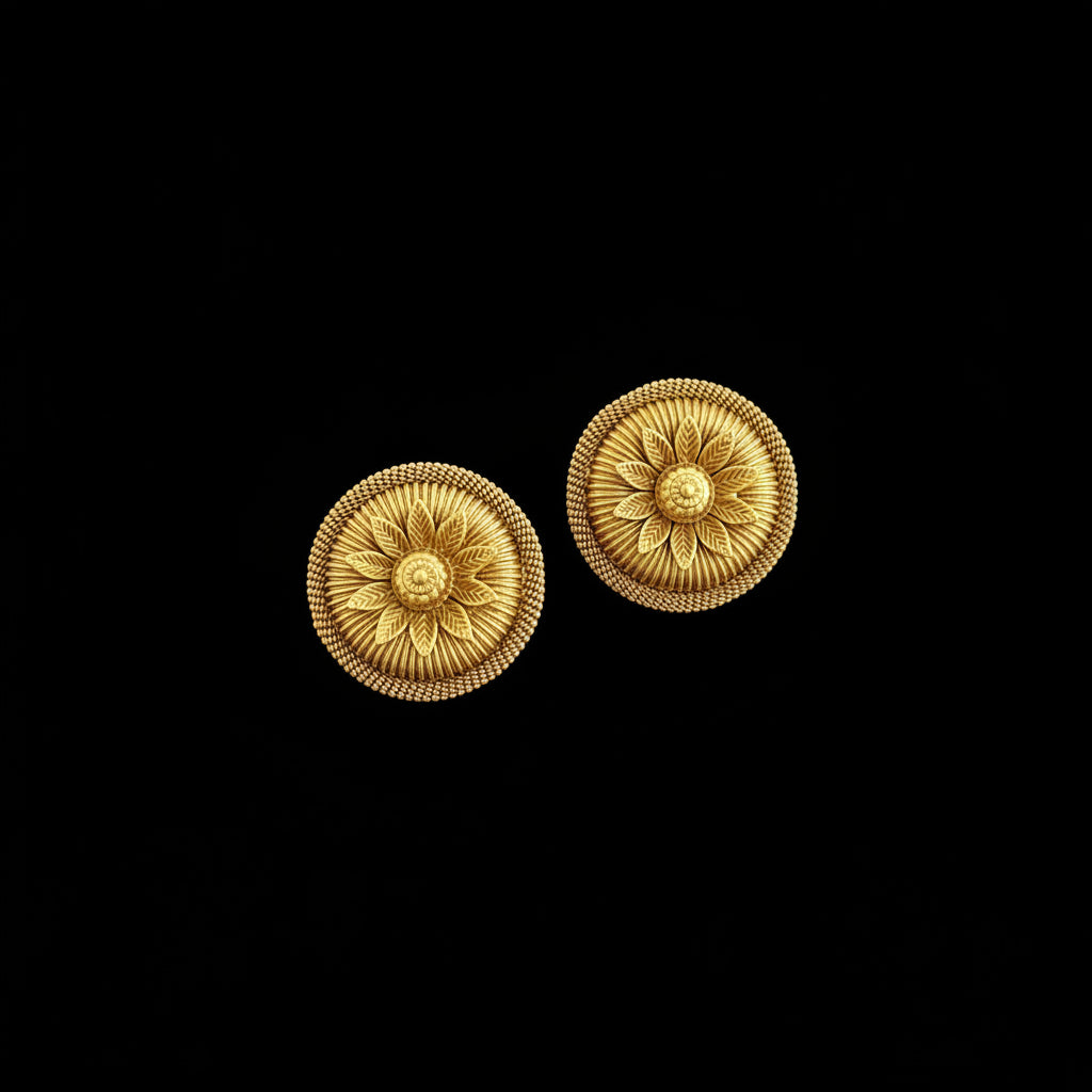 Pair of gold floral earrings on a dark gray background