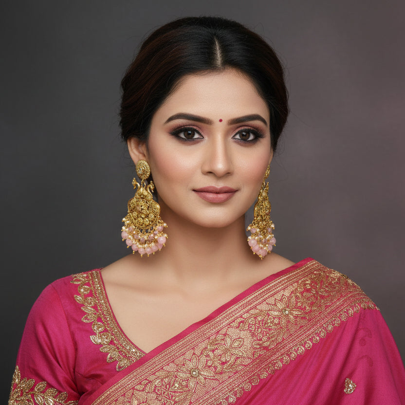 Gold earrings with pink beads on a dark background